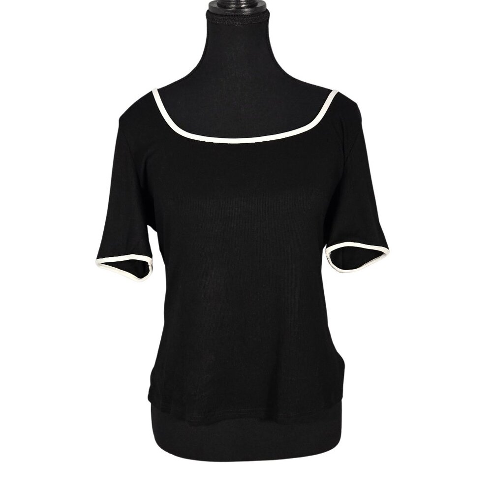 NWOT | Black Ribbed Scoop Neck Top | White Contrast Piping | Size Large